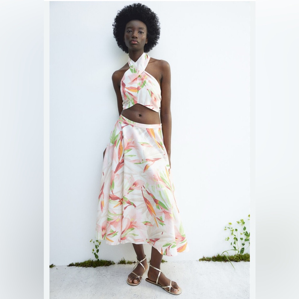 H&M Orange and Green Midi A-Line Skirt Asymmetrical Resort Wear